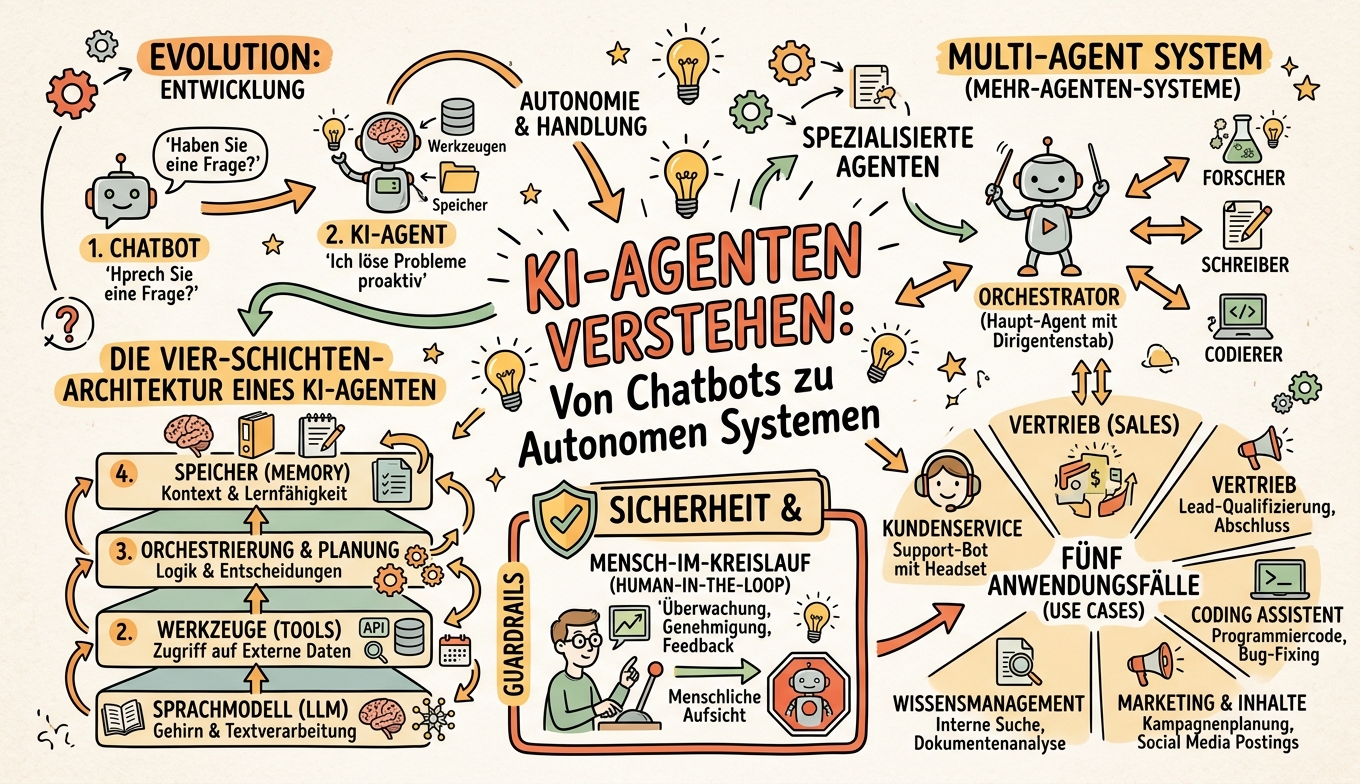 Sketchnote zum Kurs KI-Agenten verstehen: Vom Chatbot zum autonomen Assistenten