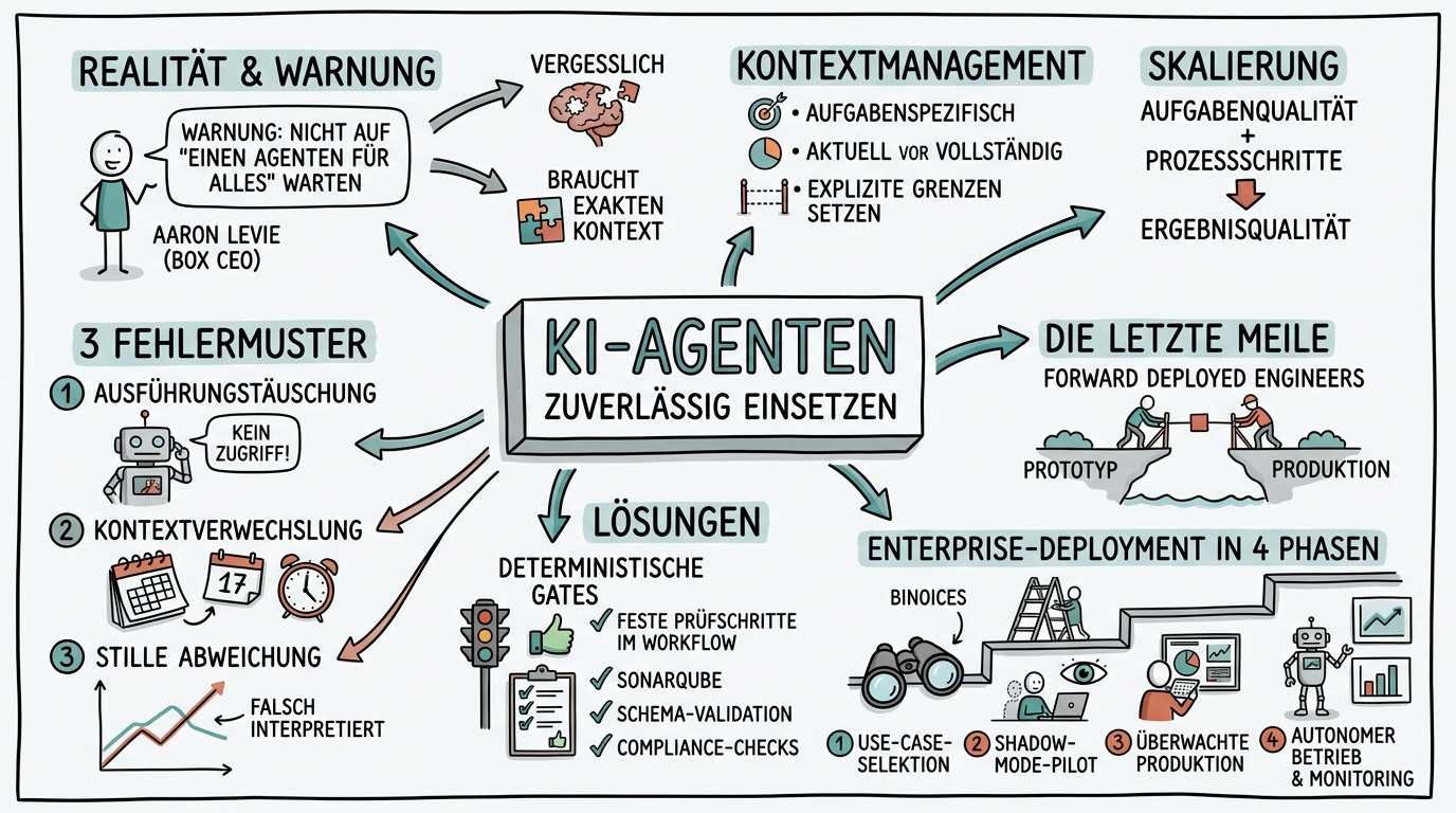 Sketchnote zum Kurs KI-Agenten zuverlässig einsetzen: Verifikation, Guardrails und die letzte Meile