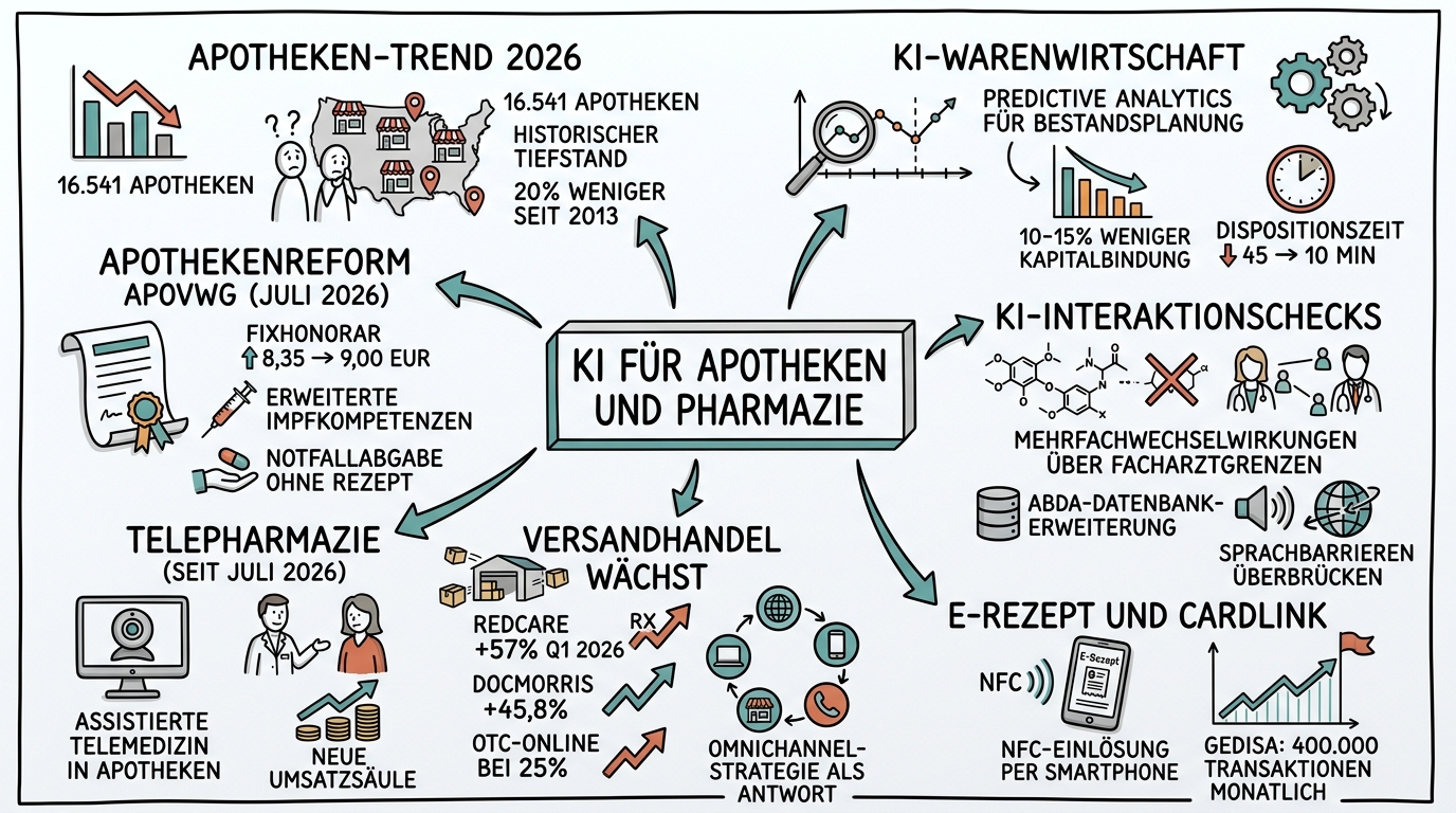 Sketchnote zum Kurs KI für Apotheken und Pharmazie: Digitale Transformation im Gesundheitswesen