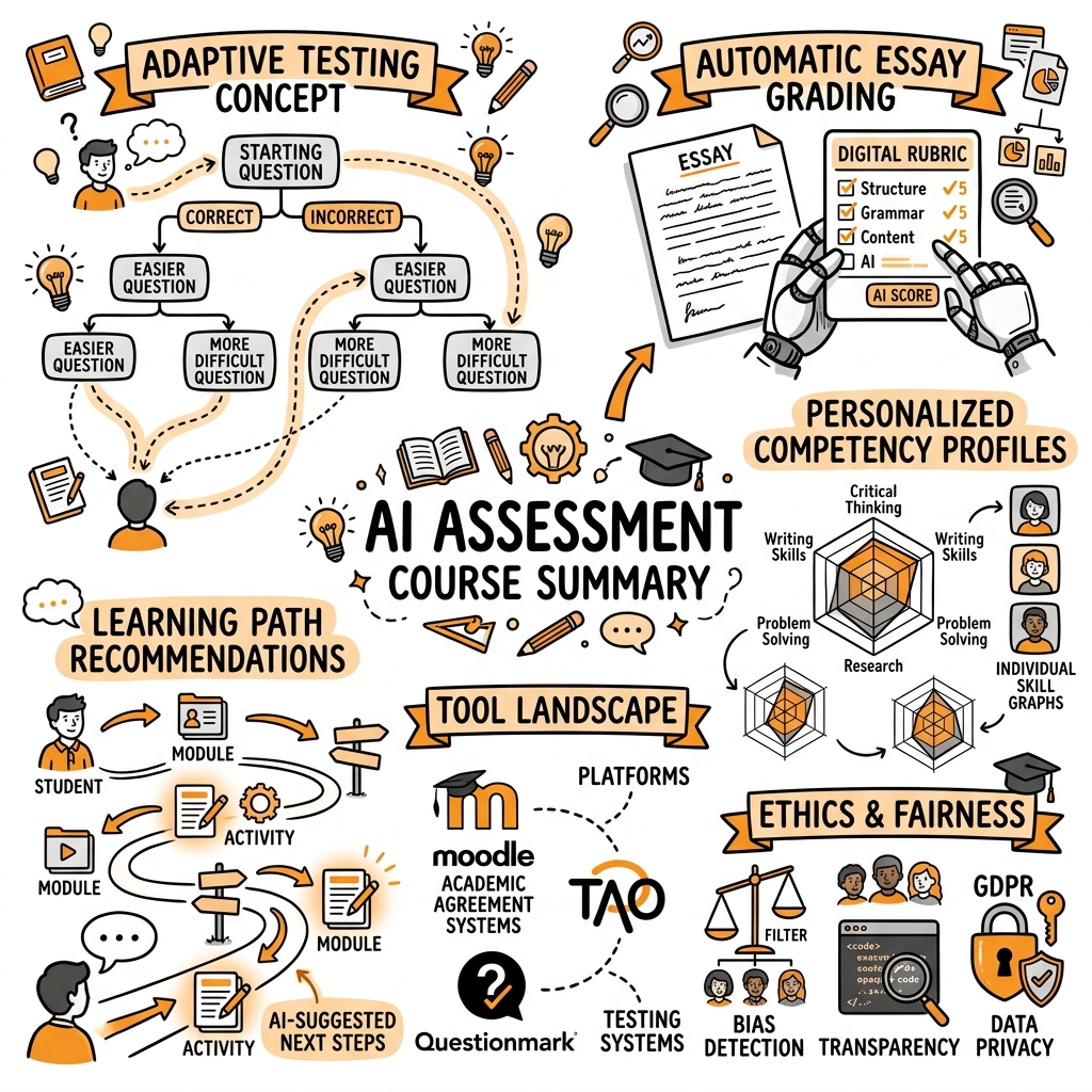 Sketchnote zum Kurs KI-Assessment und intelligente Lernstandserhebung: Prüfen, Bewerten, Fördern