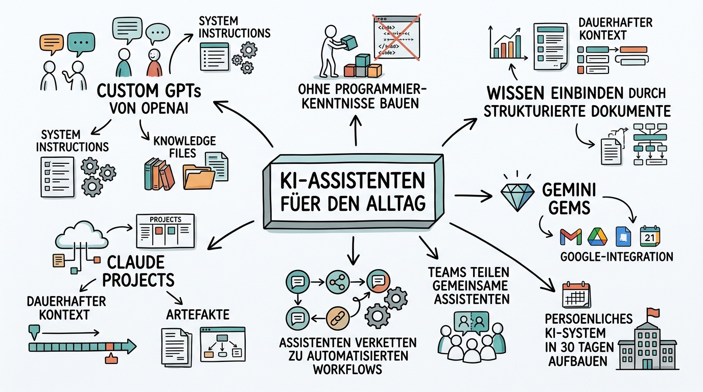 Sketchnote zum Kurs KI-Assistenten für den Alltag: Custom GPTs, Claude Projects und Gems nutzen