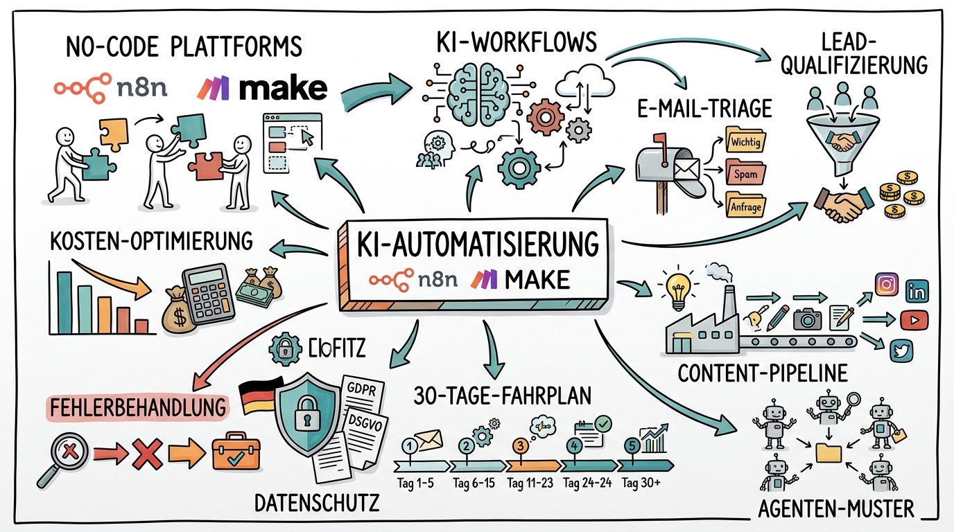 Sketchnote zum Kurs KI-Automatisierung mit n8n und Make: Geschäftsprozesse intelligent automatisieren