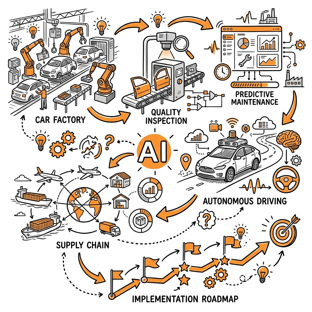 Sketchnote zum Kurs KI in der Automobilindustrie: Produktion, Vertrieb und autonomes Fahren