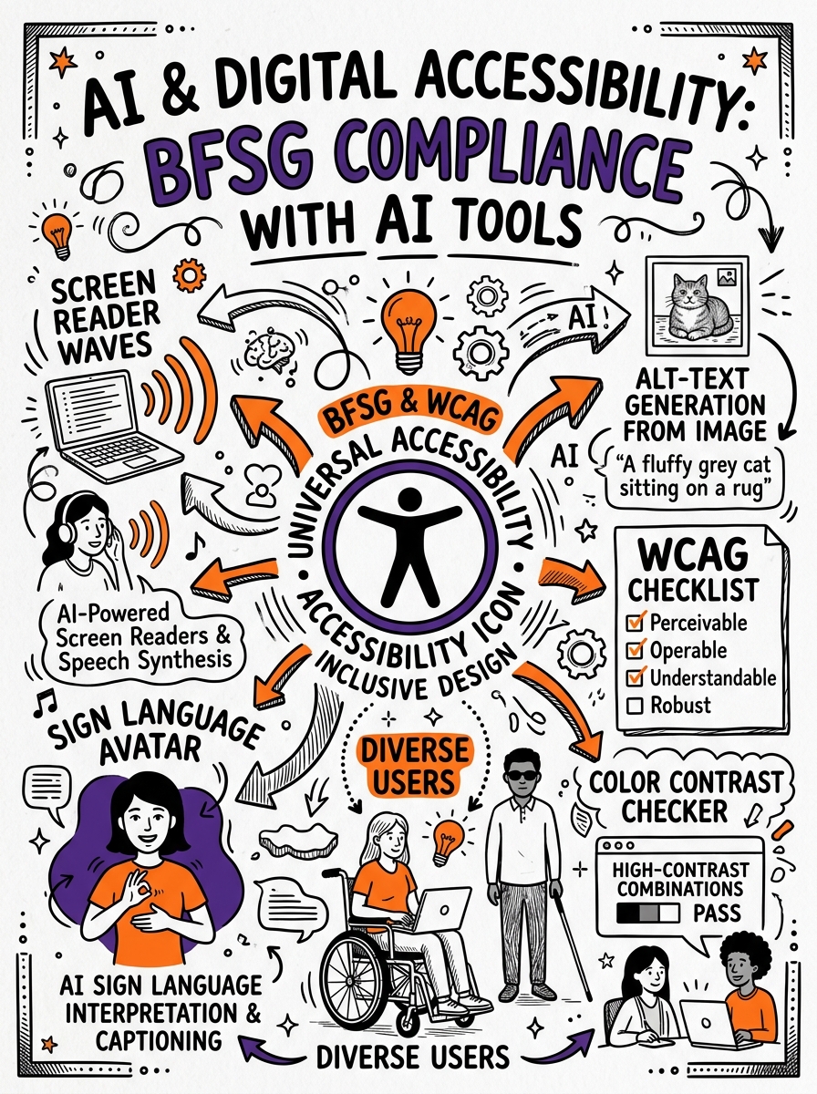 Sketchnote zum Kurs KI und digitale Barrierefreiheit: BFSG-Compliance mit KI-Tools meistern