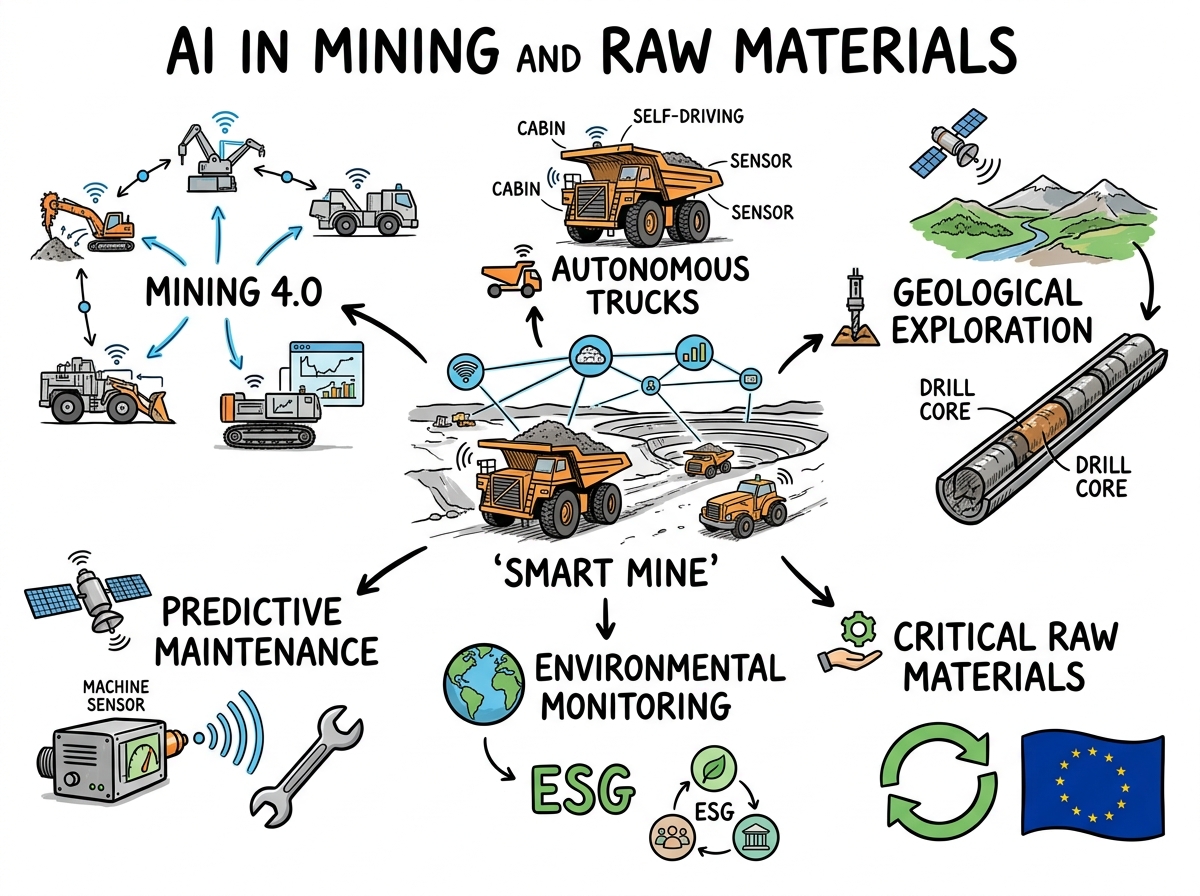 Sketchnote zum Kurs KI im Bergbau und in der Rohstoffgewinnung: Mining 4.0, autonome Systeme und nachhaltige Exploration