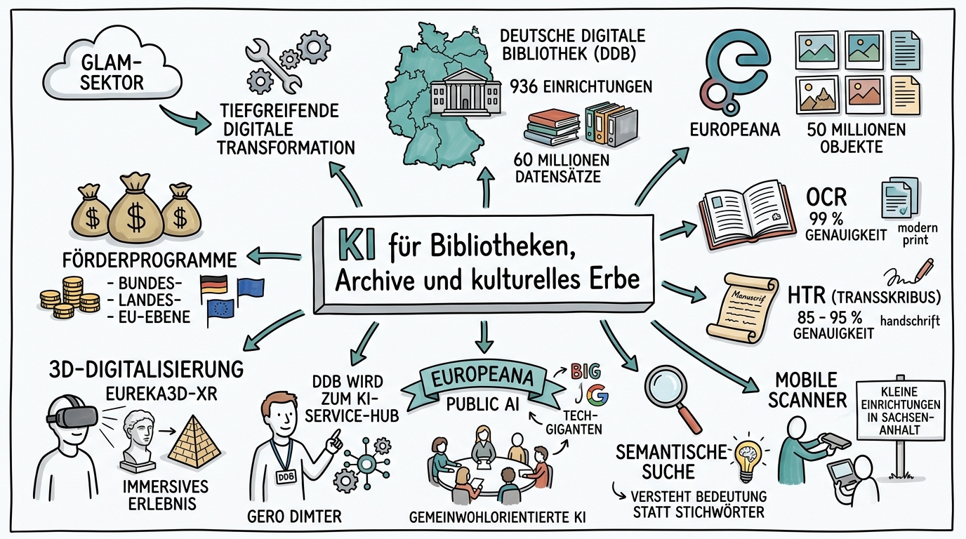 Sketchnote zum Kurs KI für Bibliotheken, Archive und kulturelles Erbe