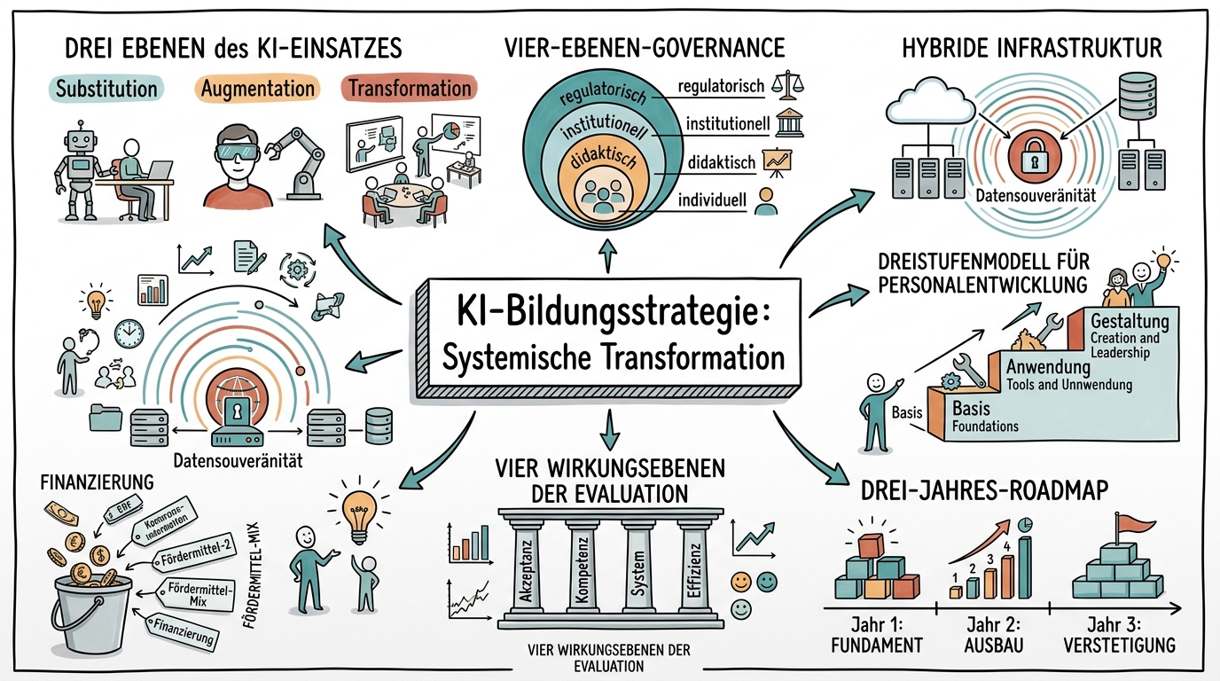 Sketchnote zum Kurs KI-Bildungsstrategie: Systemische Transformation für Entscheidungsträger