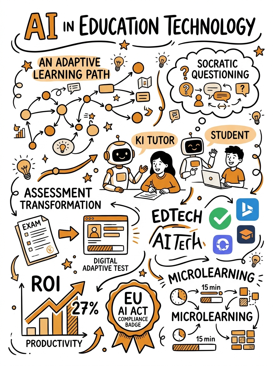 Sketchnote zum Kurs KI-gestützte Bildungstechnologie: Adaptive Lernpfade und Assessment 2.0