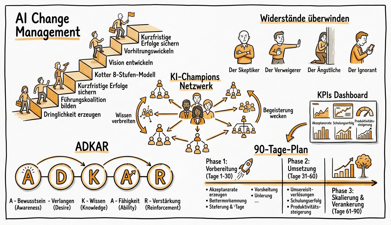 Sketchnote zum Kurs KI-Changemanagement: Organisationale Transformation erfolgreich gestalten