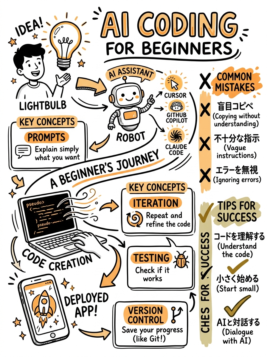 Sketchnote zum Kurs KI-Coding für Einsteiger: Erste Projekte mit Cursor, Copilot und Claude Code