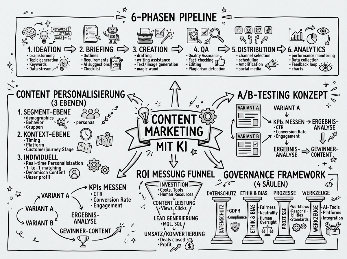 Sketchnote zum Kurs Datengetriebenes Content Marketing mit KI: Strategien, Pipelines und Performance-Optimierung