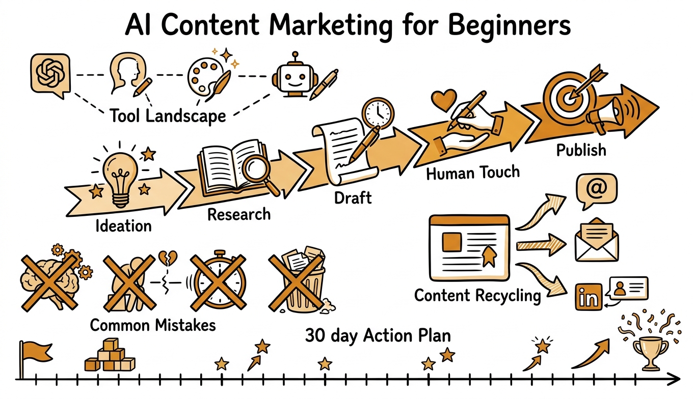 Sketchnote zum Kurs KI-gestütztes Content Marketing für Einsteiger: Texte, Bilder und Social Media mit KI erstellen