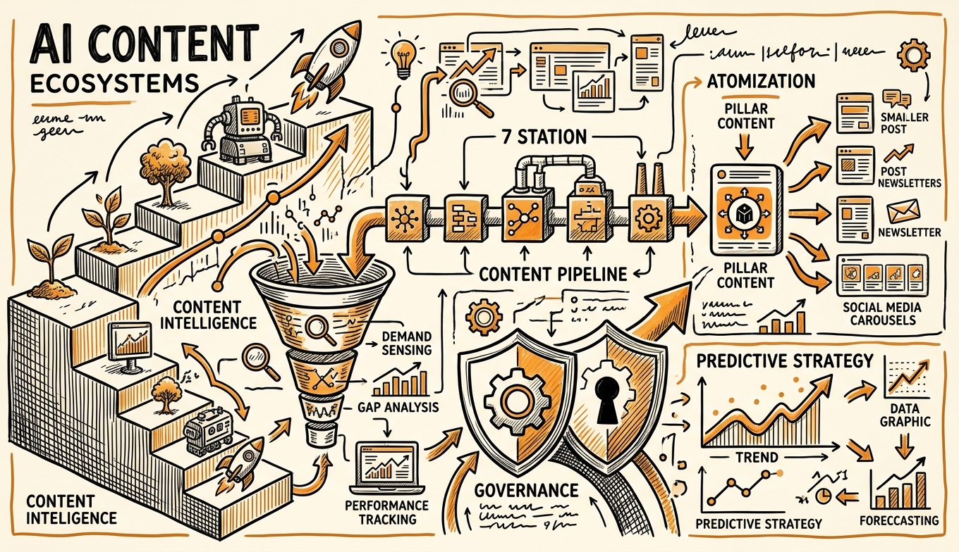 Sketchnote zum Kurs KI-gestützte Content-Ökosysteme: Von der Einzelproduktion zur autonomen Content-Maschine