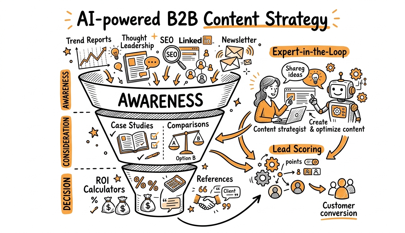 Sketchnote zum Kurs KI-Content-Strategie für B2B: Von Thought Leadership bis Lead-Generierung