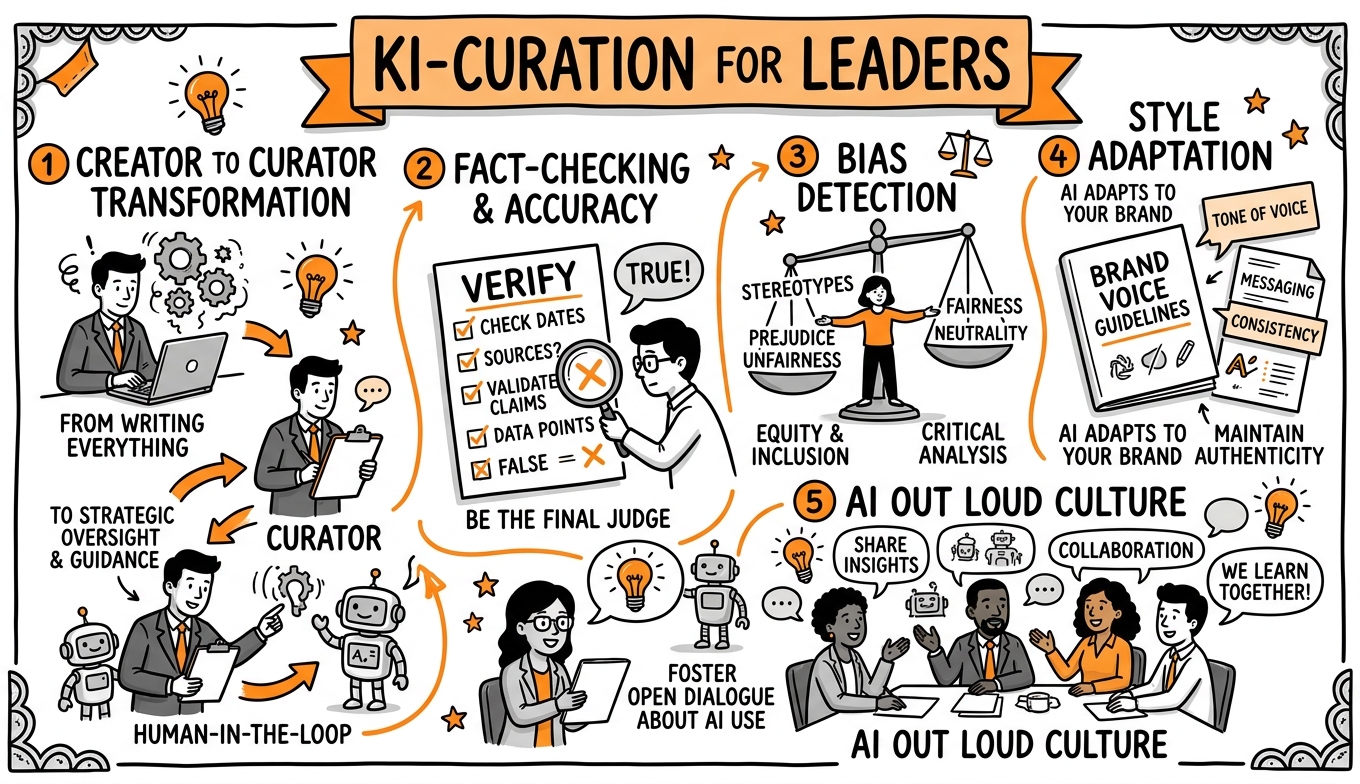 Sketchnote zum Kurs KI-Curation für Führungskräfte: Vom Creator zum Curator im KI-Zeitalter