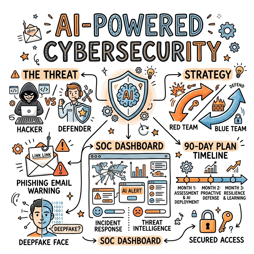 Sketchnote zum Kurs KI-gestützte Cybersecurity: Angriff und Verteidigung im KI-Zeitalter