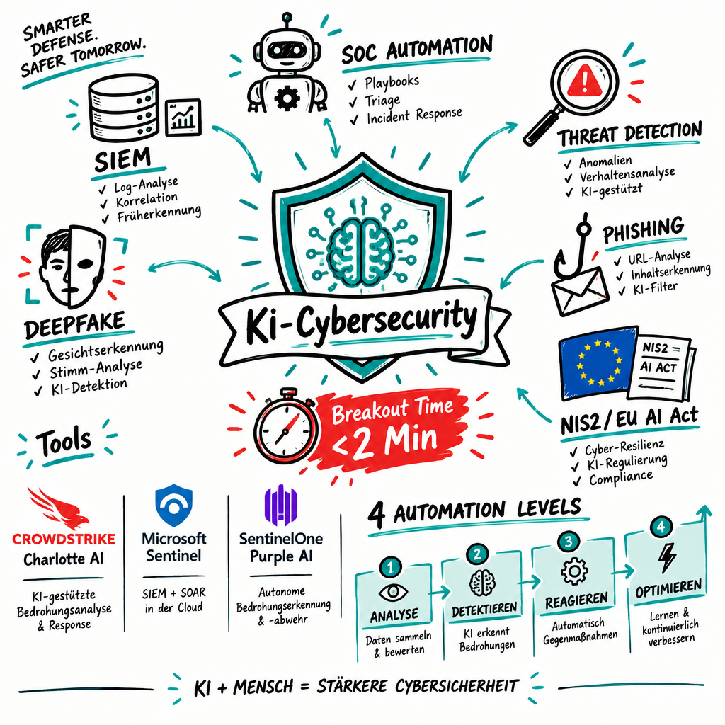 Sketchnote zum Kurs KI-gestützte Cybersecurity: Bedrohungserkennung, SOC-Automatisierung und Abwehrstrategien
