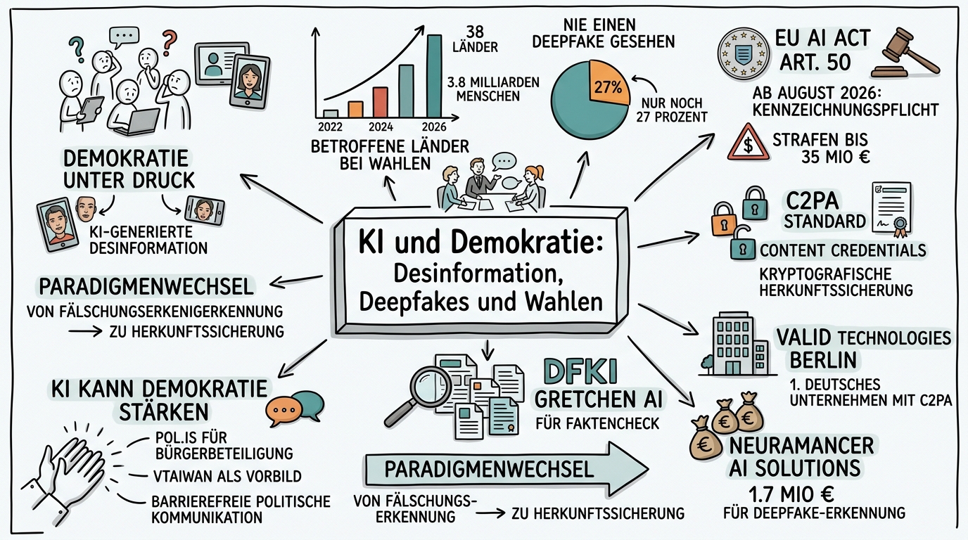 Sketchnote zum Kurs KI und Demokratie: Desinformation, Deepfakes und Wahlen