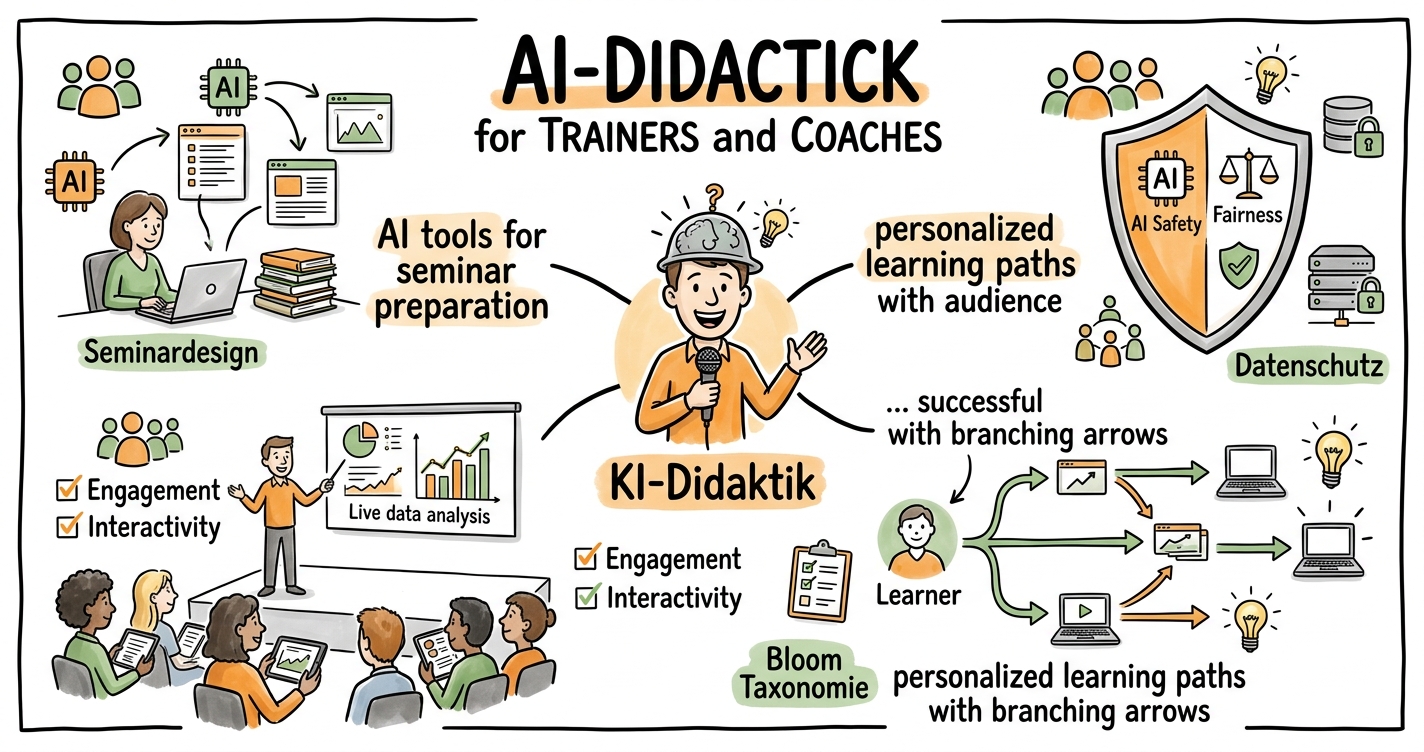 Sketchnote zum Kurs KI-Didaktik für Trainer und Coaches: Seminare und Workshops mit KI gestalten