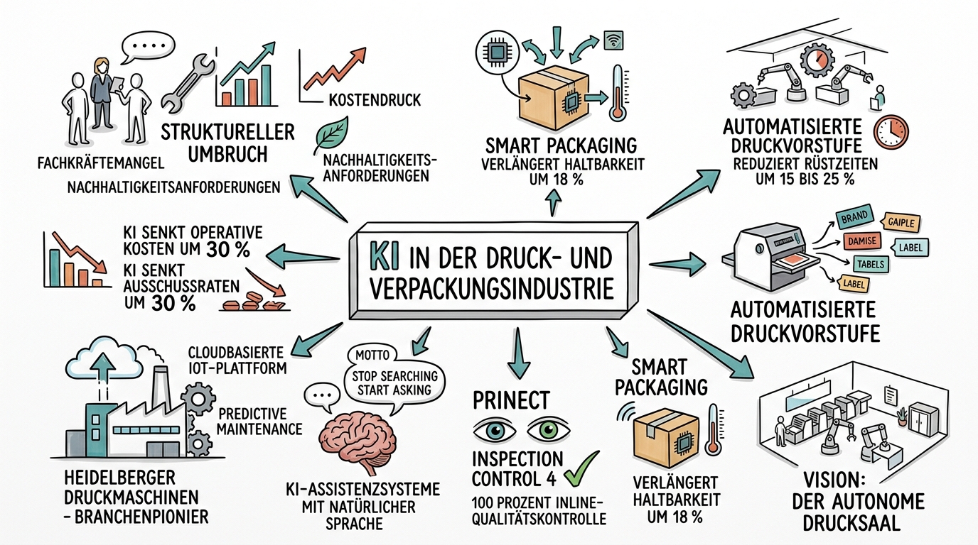 Sketchnote zum Kurs KI in der Druck- und Verpackungsindustrie
