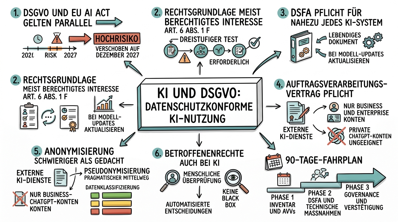 Sketchnote zum Kurs KI und DSGVO: Datenschutzkonforme KI-Nutzung im Unternehmen