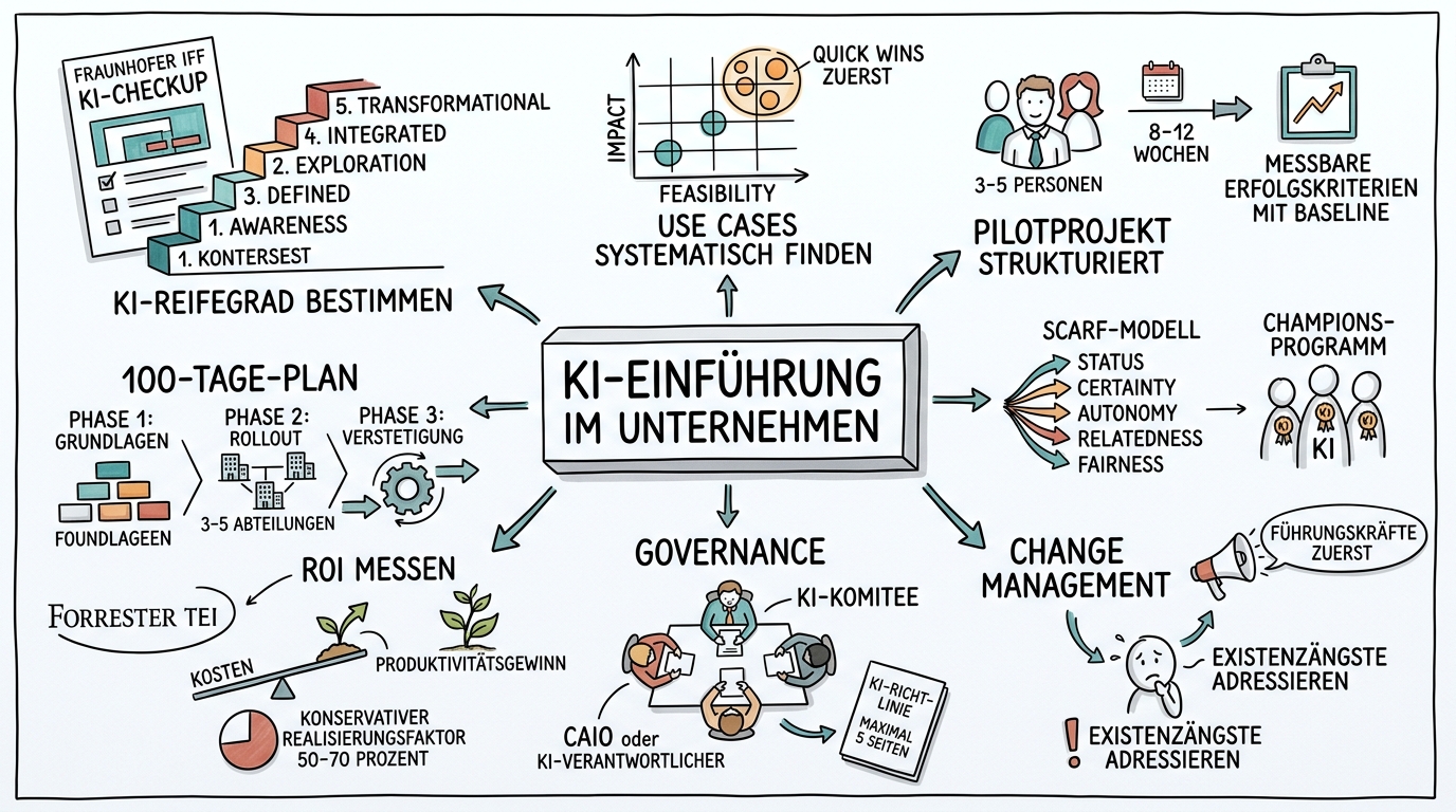 Sketchnote zum Kurs KI-Einführung im Unternehmen: Vom Pilotprojekt zur Skalierung