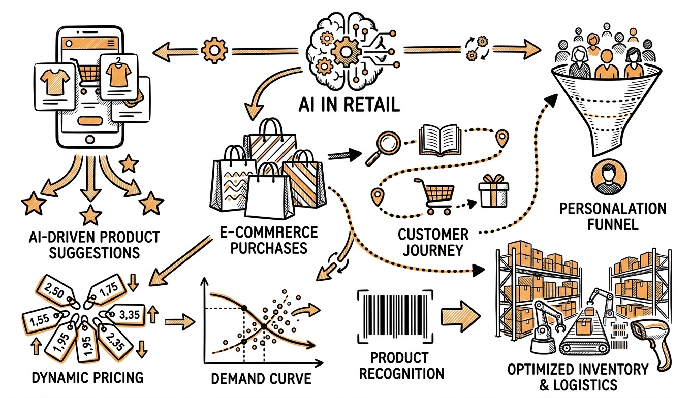 Sketchnote zum Kurs KI im Einzelhandel und E-Commerce: Personalisierung, Bestandsoptimierung und Omnichannel-Strategien
