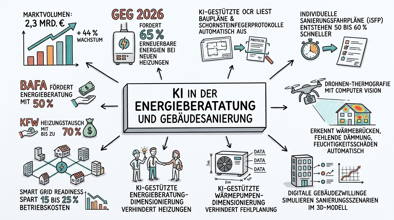 Sketchnote zum Kurs KI in der Energieberatung und Gebäudesanierung: Vom Sanierungsfahrplan zum digitalen Gebäudezwilling