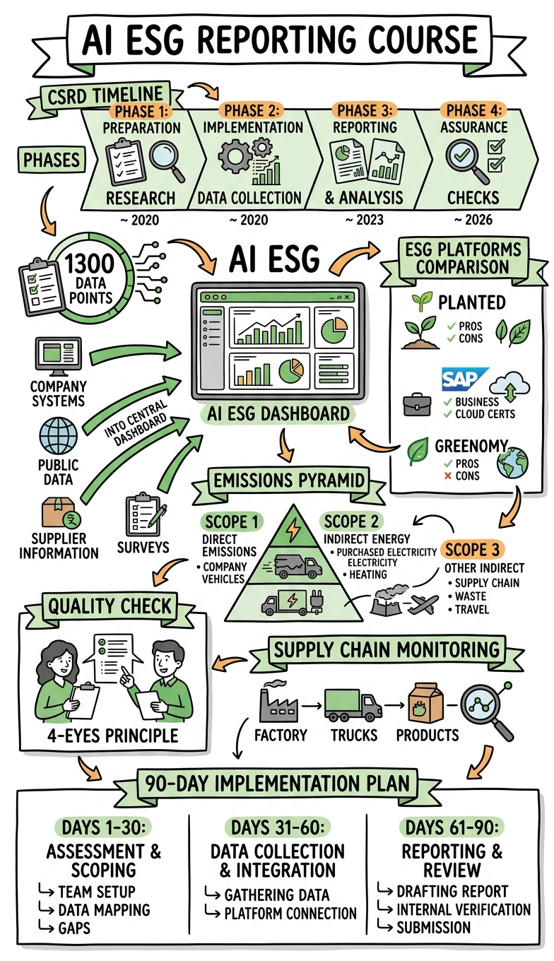 Sketchnote zum Kurs KI und ESG-Reporting: Nachhaltigkeit automatisieren