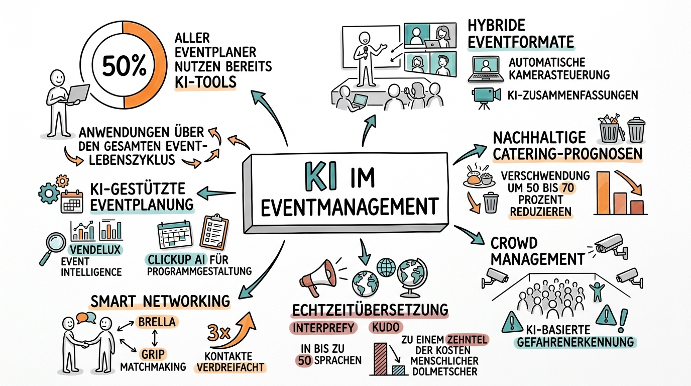 Sketchnote zum Kurs KI im Eventmanagement: Veranstaltungen intelligent planen, durchführen und auswerten