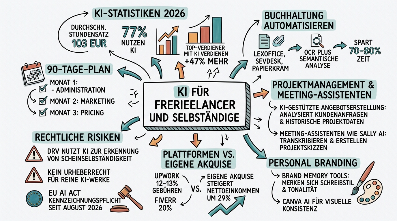 Sketchnote zum Kurs KI für Freelancer und Selbständige: Smarter arbeiten, besser positionieren