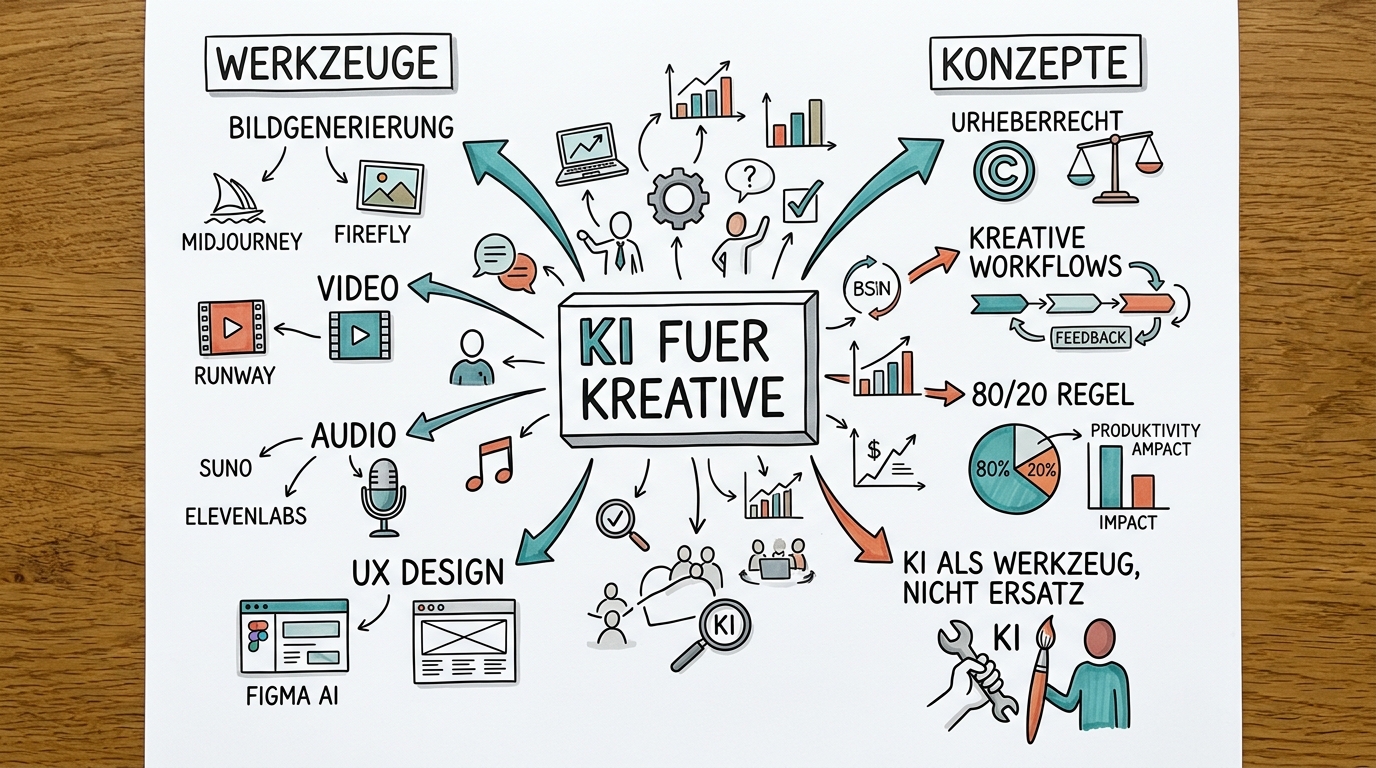 Sketchnote zum Kurs KI für Kreative: Wie künstliche Intelligenz Design, Video und Musik verändert