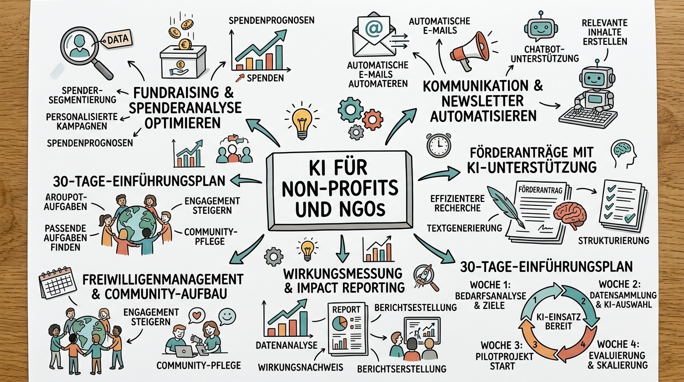 Sketchnote zum Kurs KI für Non-Profits und NGOs: Mit wenig Budget viel bewirken