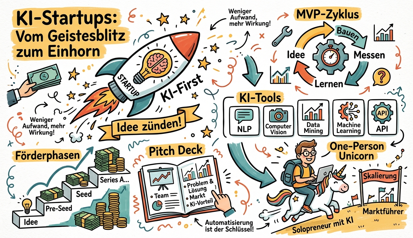 Sketchnote zum Kurs KI für Startups und Gründer: Vom MVP zum skalierbaren Geschäftsmodell
