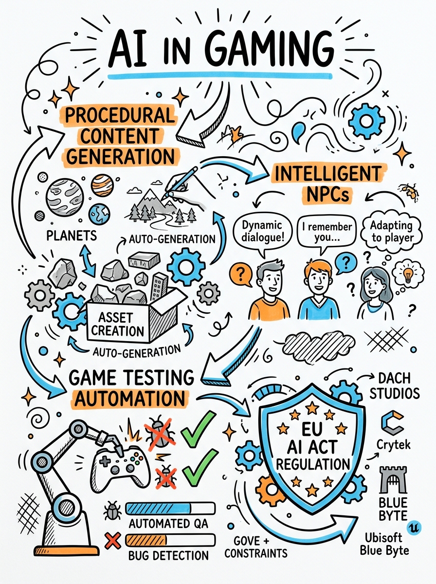 Sketchnote zum Kurs KI im Gaming und Spieleentwicklung: Prozedurale Welten, intelligente NPCs und automatisierte Qualitätssicherung