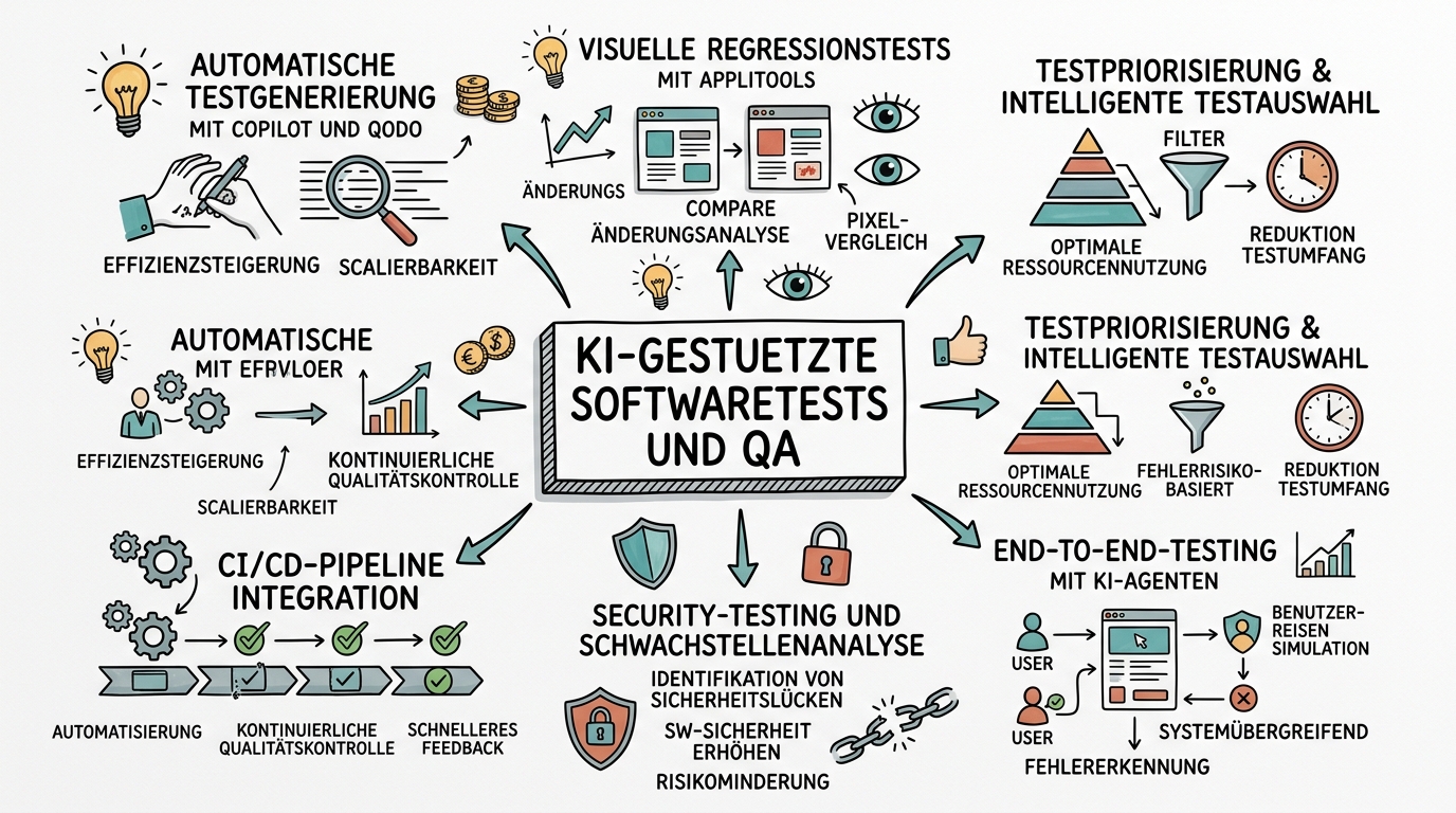 Sketchnote zum Kurs KI-gestützte Softwaretests und QA: Qualität mit künstlicher Intelligenz sichern