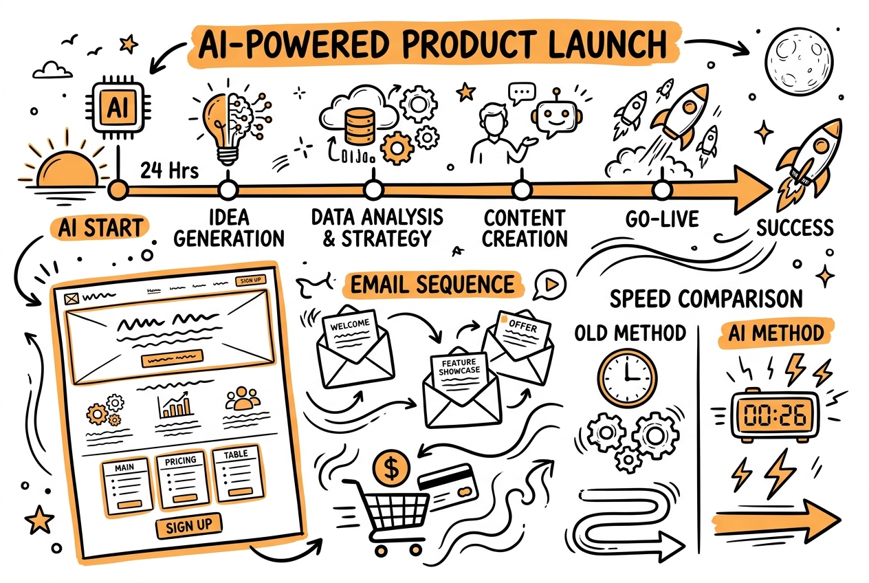 Sketchnote zum Kurs KI-gestützter Produktlaunch: Vom Konzept zum marktfähigen Angebot in Rekordzeit