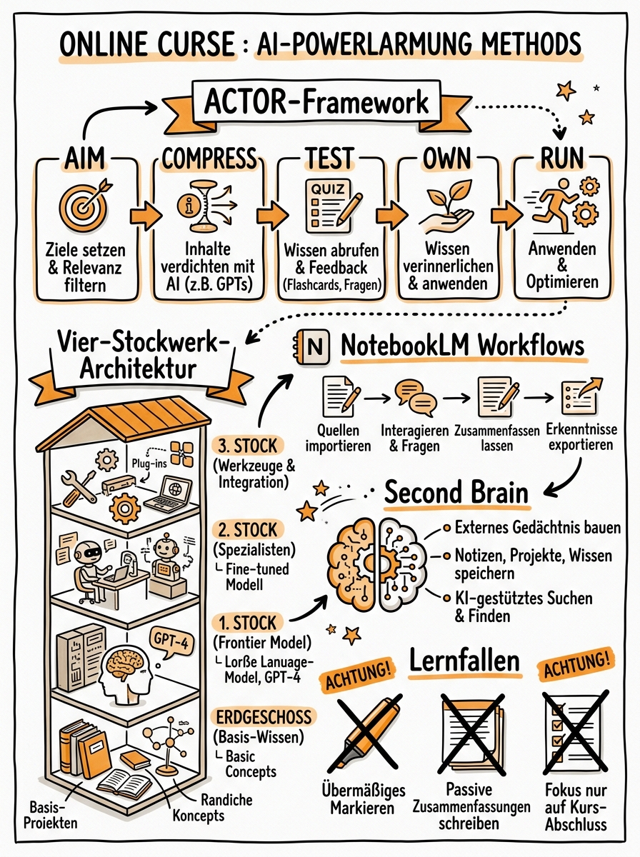 Sketchnote zum Kurs KI-gestütztes Lernen und Lesen: ACTOR-Framework und Vier-Stockwerk-Architektur