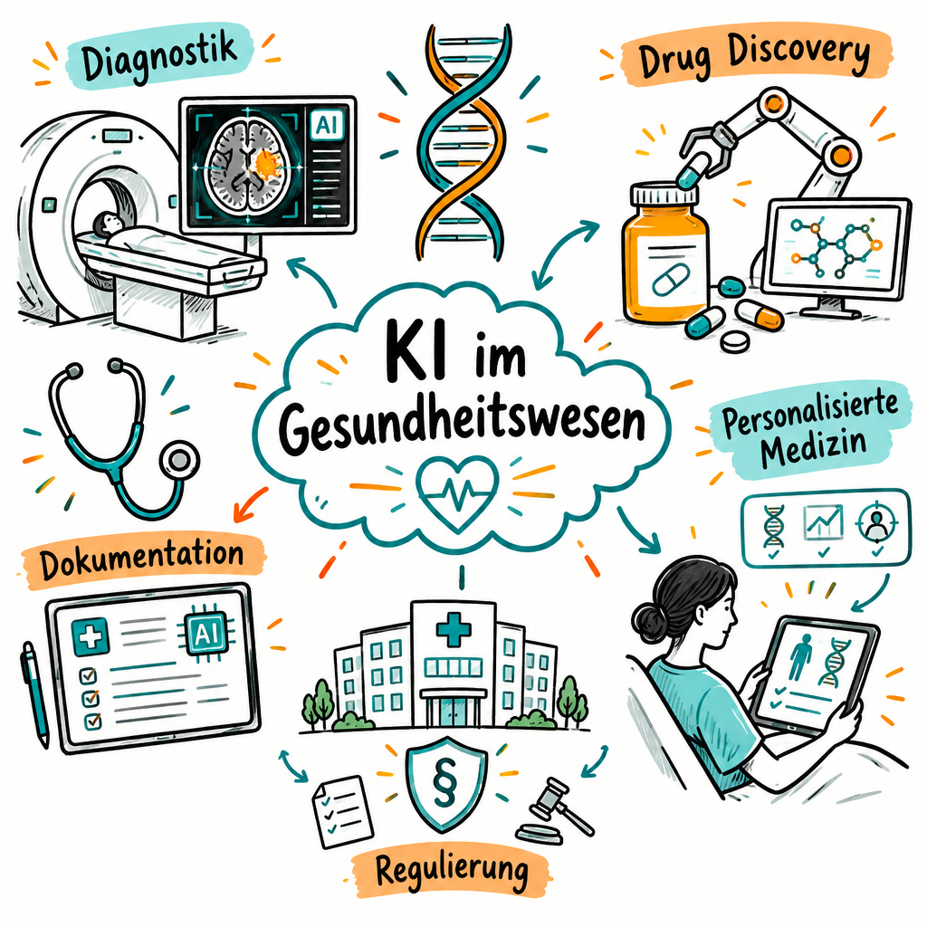 Sketchnote zum Kurs KI im Gesundheitswesen: Diagnostik, Therapie und Patientenversorgung der Zukunft