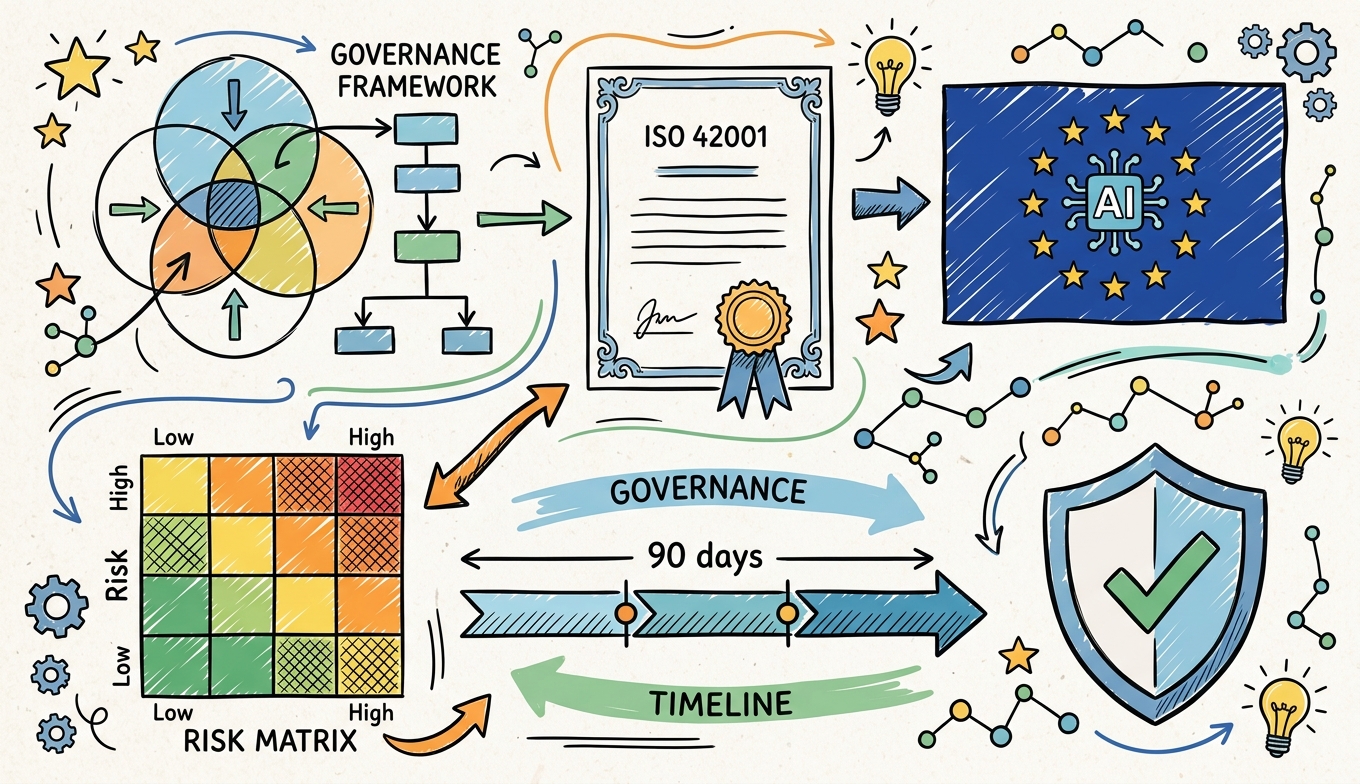 Sketchnote zum Kurs KI-Governance für den Mittelstand: ISO 42001, EU AI Act und praktische Umsetzung