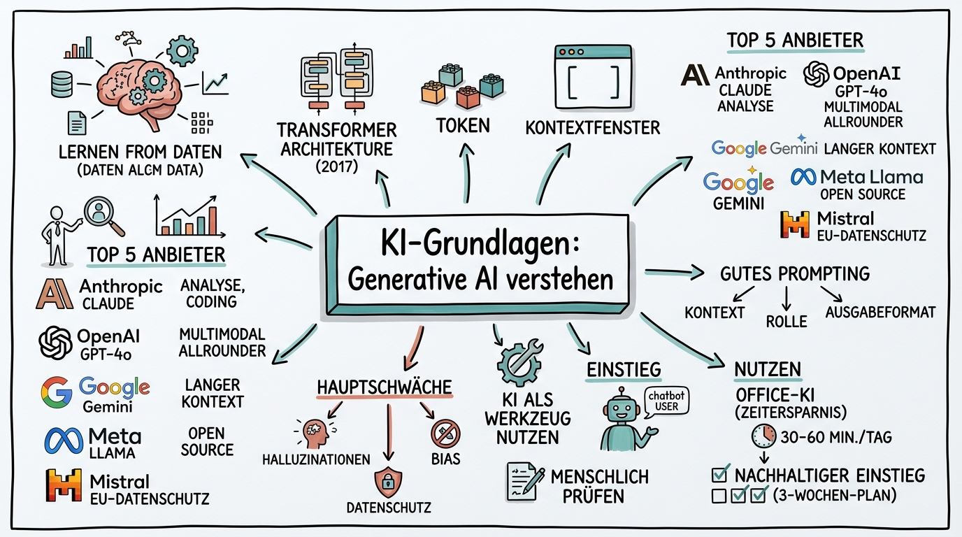 Sketchnote zum Kurs KI-Grundlagen: Einstieg in die Welt der Generativen KI