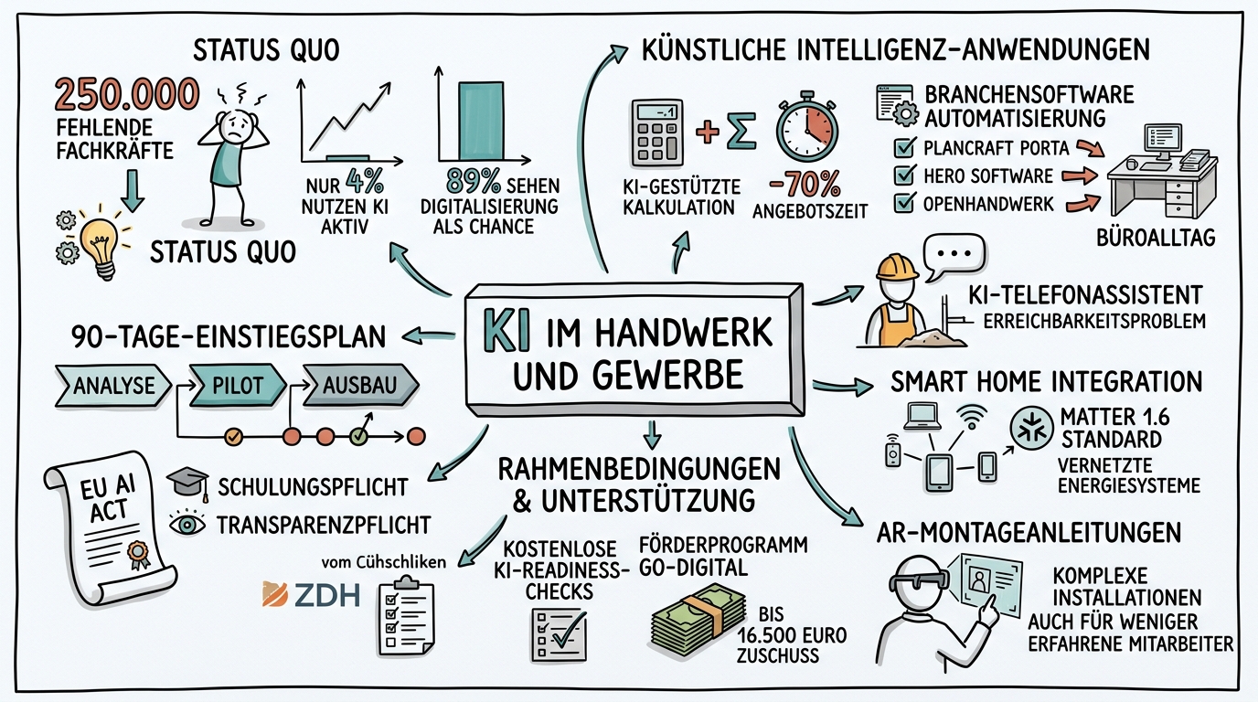 Sketchnote zum Kurs KI im Handwerk und Gewerbe: Mehr Zeit fürs Wesentliche