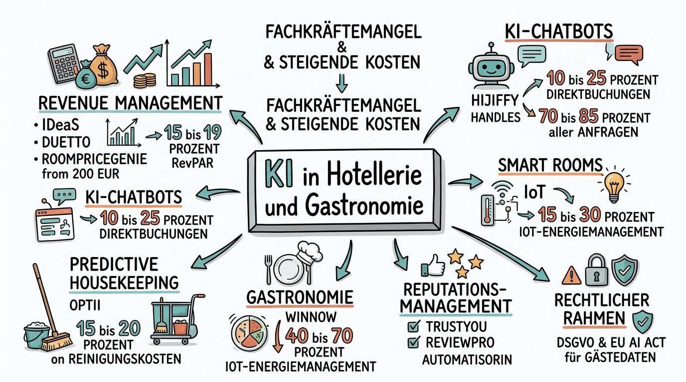Sketchnote zum Kurs KI in der Hotellerie und Gastronomie: Revenue Management, Smart Hotels und digitaler Gästeservice