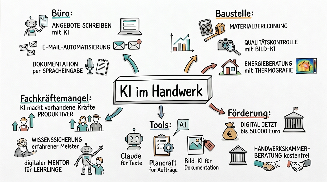 Sketchnote zum Kurs KI im Handwerk: Praktische Anwendungen für Betriebe