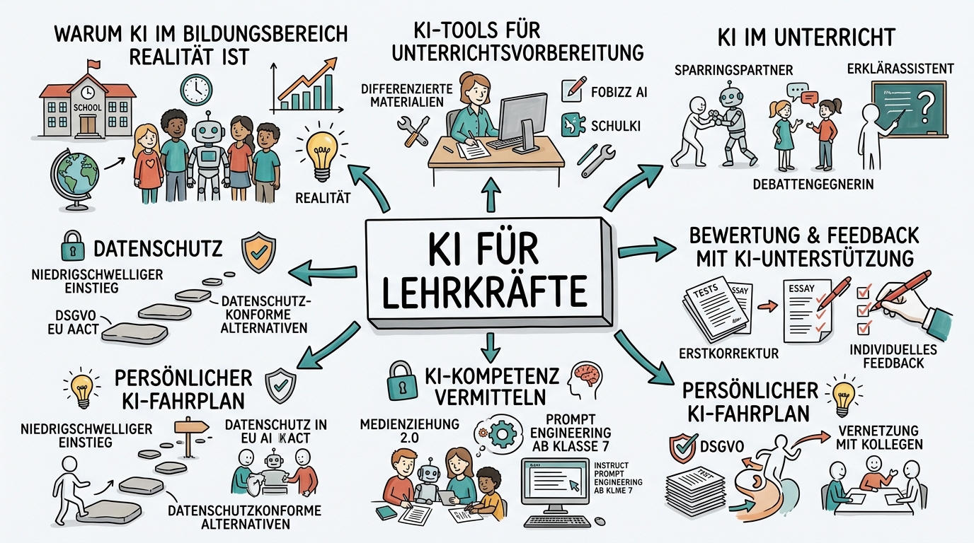 Sketchnote zum Kurs KI in der Berufsausbildung: Azubis und Betriebe fit machen