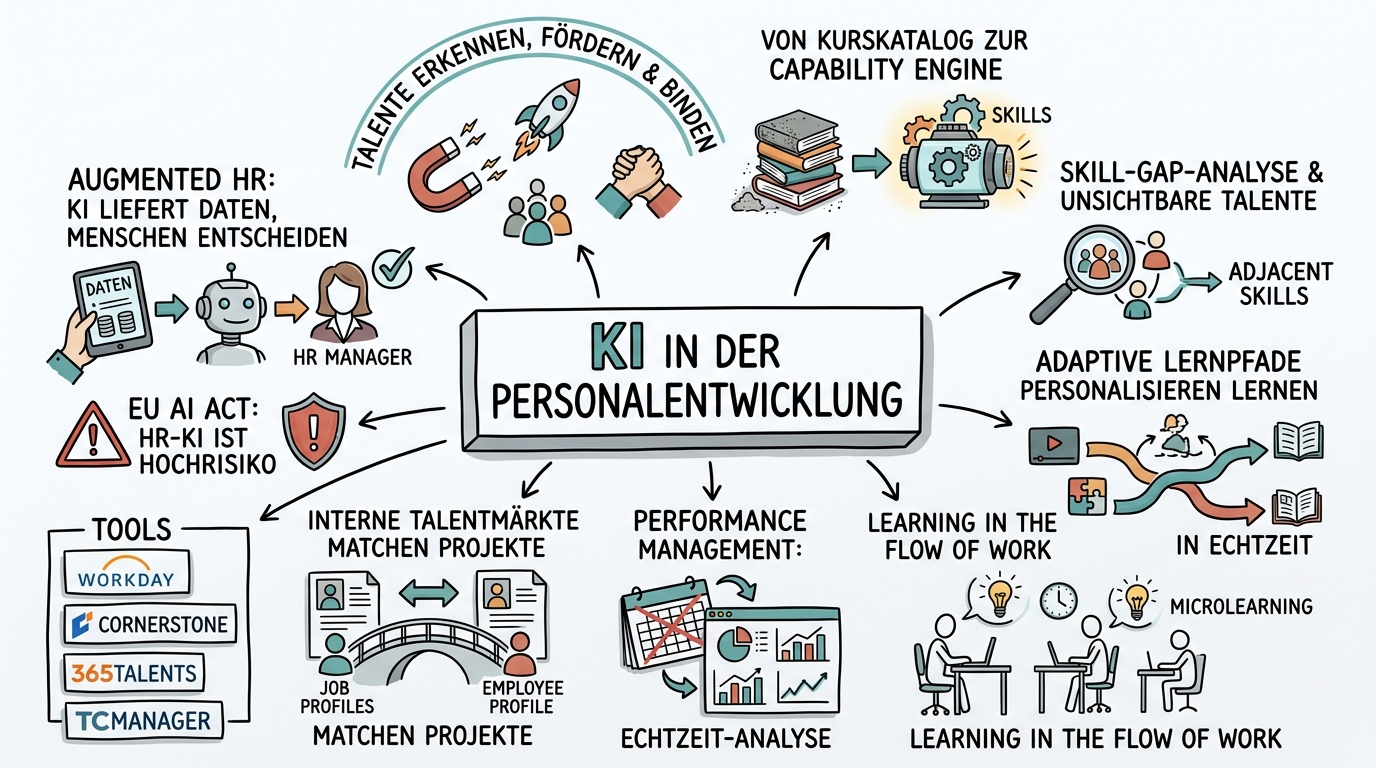 Sketchnote zum Kurs KI in der Personalentwicklung: Talente erkennen, fördern und binden