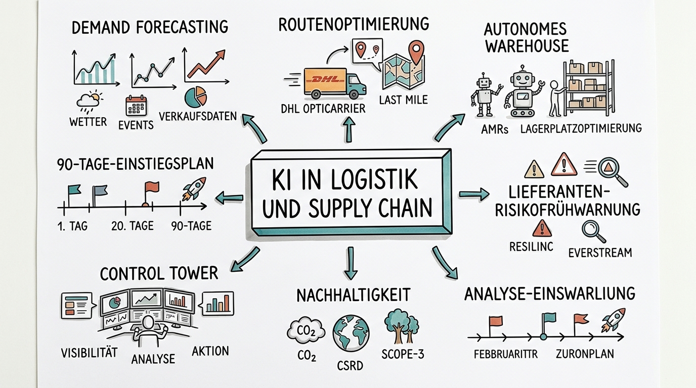 Sketchnote zum Kurs KI in Logistik und Supply Chain: Lieferketten intelligent steuern