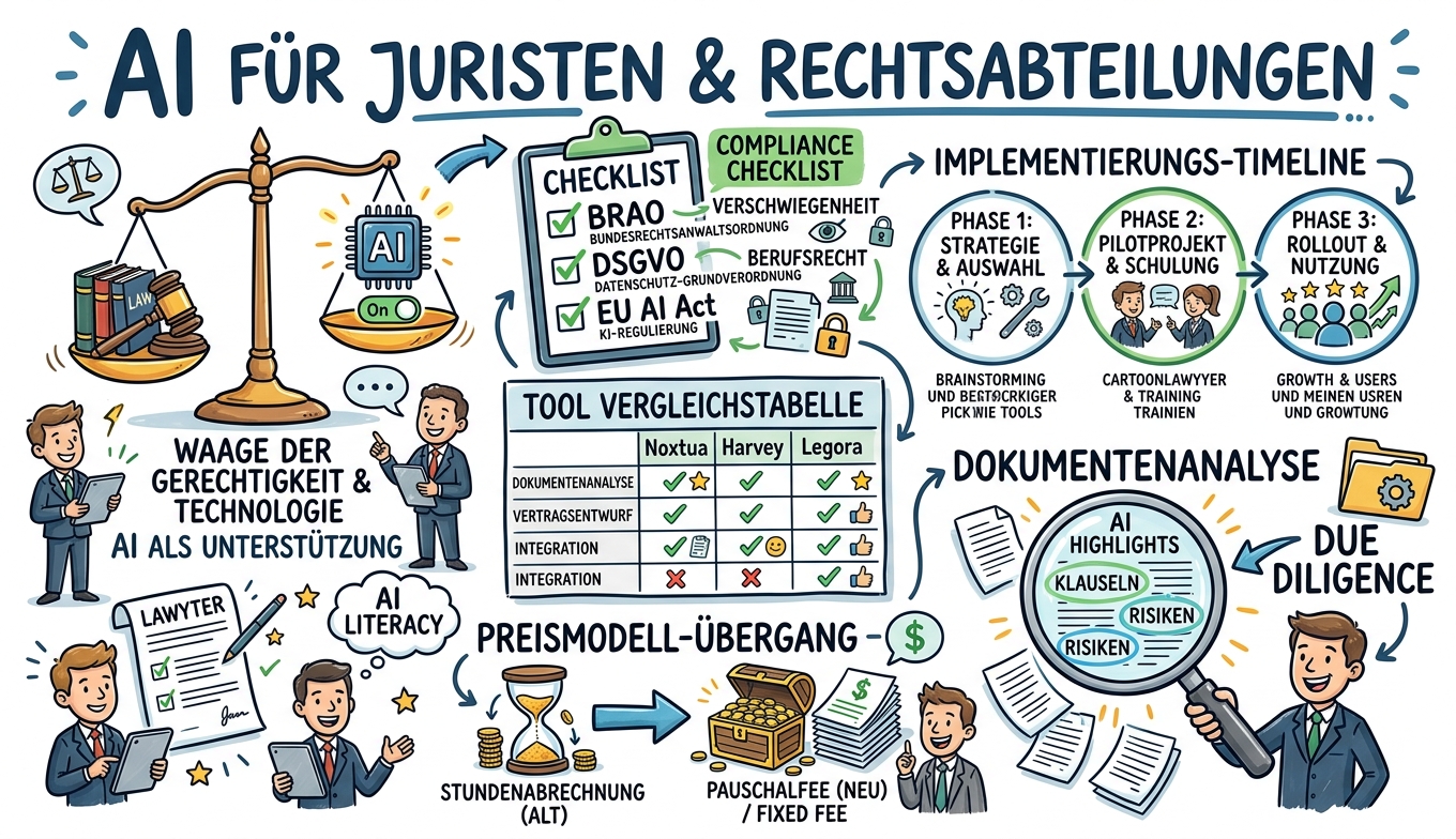 Sketchnote zum Kurs KI für Juristen und Rechtsabteilungen: Compliance, Tools und neue Geschäftsmodelle