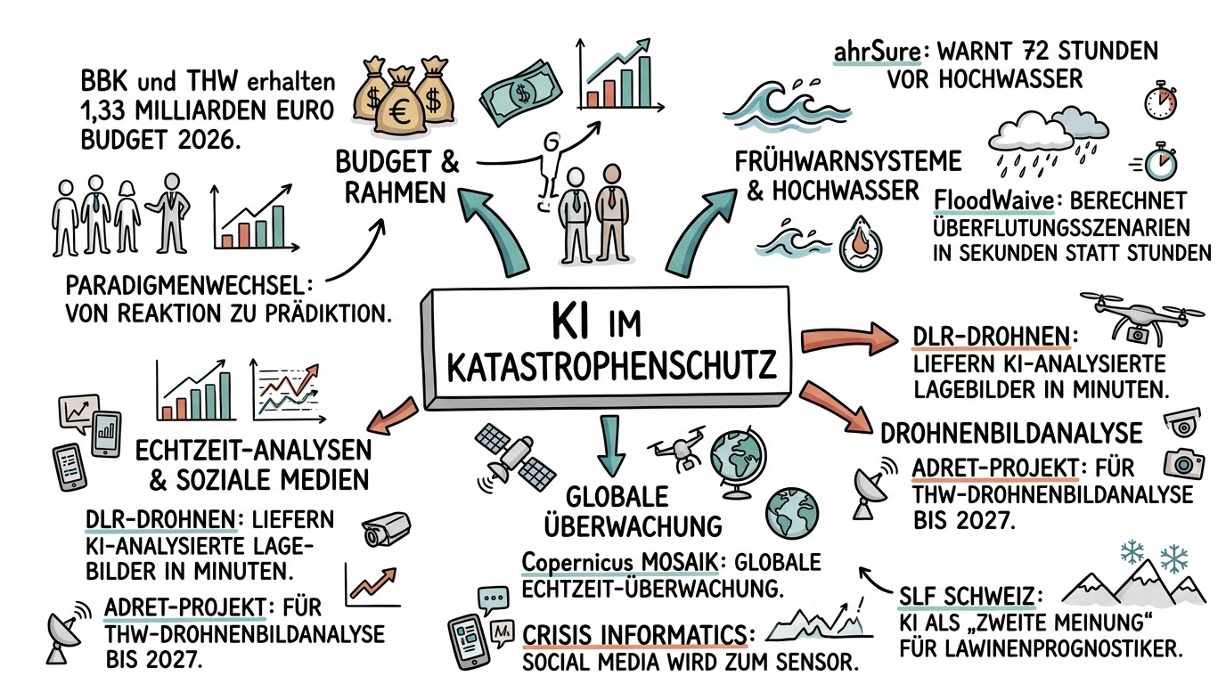 Sketchnote zum Kurs KI im Katastrophenschutz: Frühwarnung, Lagebilder und Resilienz