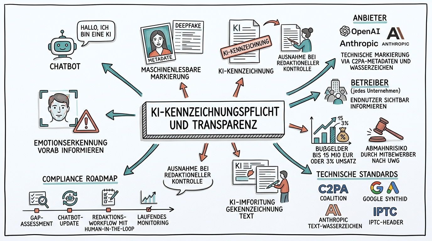 Sketchnote zum Kurs KI-Kennzeichnungspflicht und Transparenz